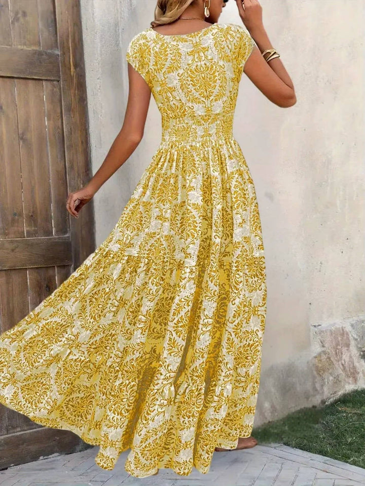 Women’s Bohemian Paisley Maxi Dress – Embellished Smocked Waist Tiered Dress
