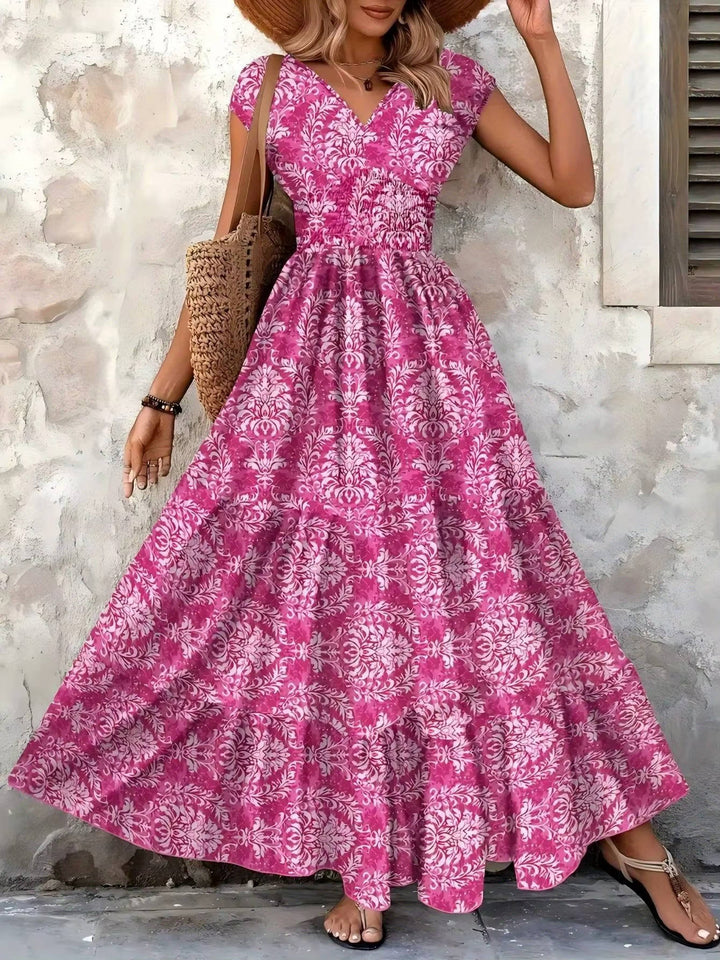 Women’s Bohemian Paisley Maxi Dress – Embellished Smocked Waist Tiered Dress