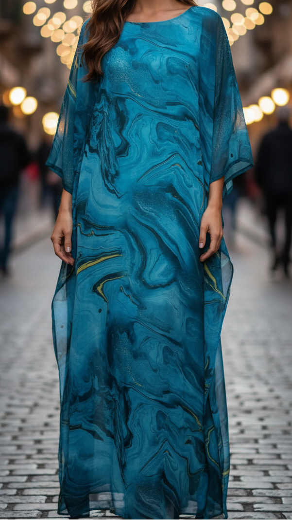 Women’s Golden Chiffon Kaftan Maxi Dress – Elegant Batwing Sleeve Evening Wear Dress