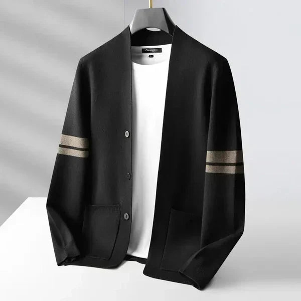Classic Merino Men's Cardigan with Striped Sleeves