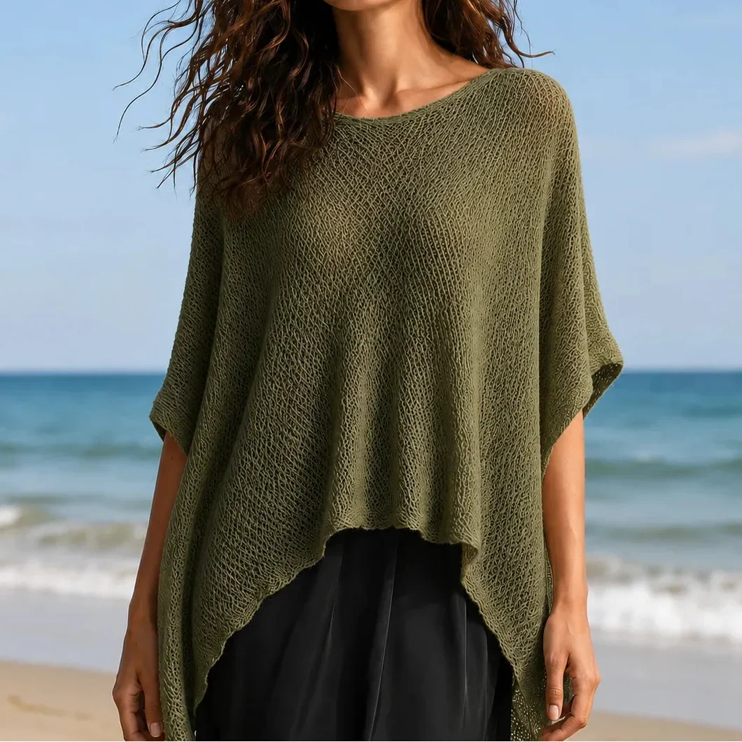 Solvera – Open Knit Batwing Top with Asymmetrical Hem