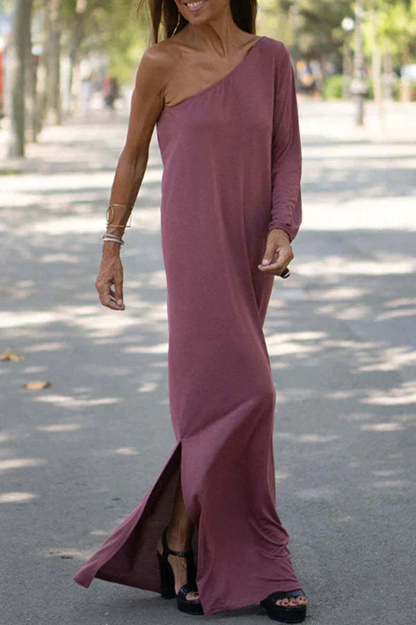 Women’s Asymmetric Shoulder Maxi Dress – Elegant Solid Geometric Silhouette Floor Length Dress
