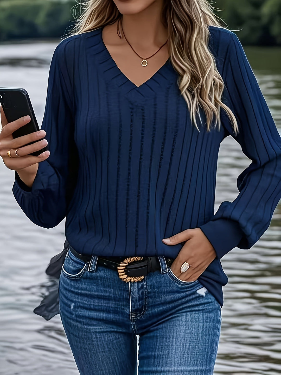 Joan - Stylish Rib V-Neck Sweatshirt