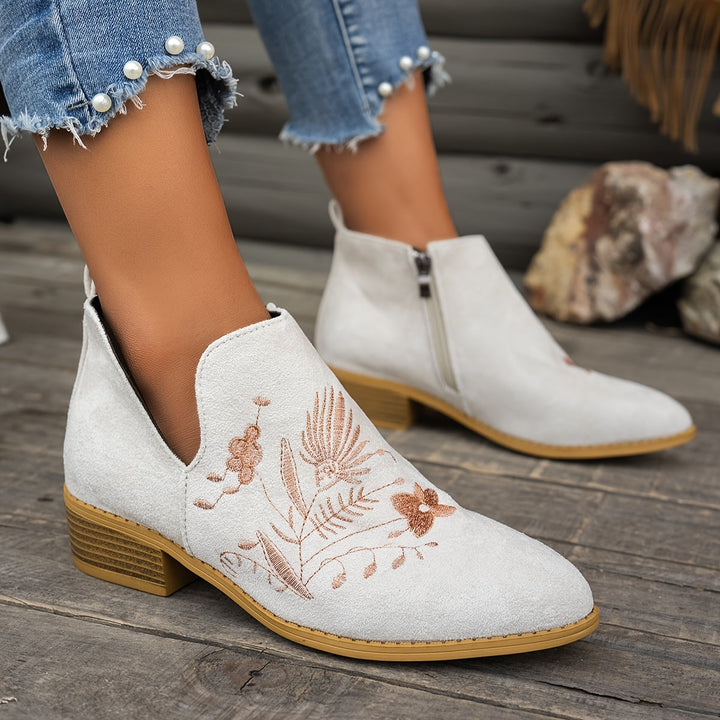 Isadora | Embroidered Low Heel Ankle Boots