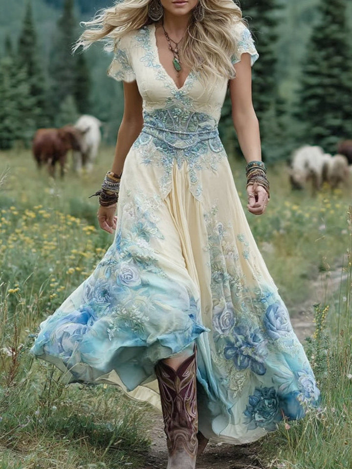 Romantic Gradient Floral Print Ethereal Silhouette Ultra Soft Weave Chiffon Maxi Dress