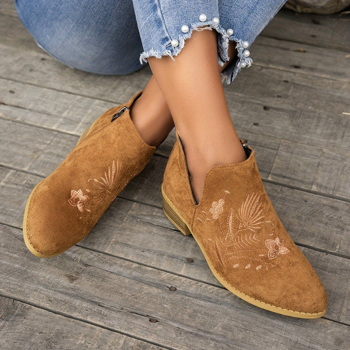 Isadora | Embroidered Low Heel Ankle Boots