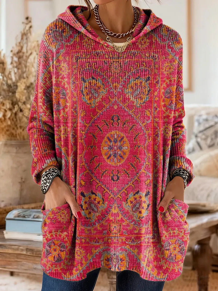 Vintage-inspired hoodie tunic with pockets and ethnic print