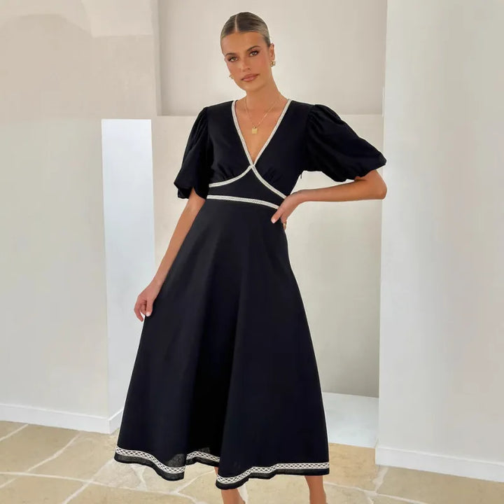 Anastasia |Women's Dress with V-Neck and Puff Sleeves