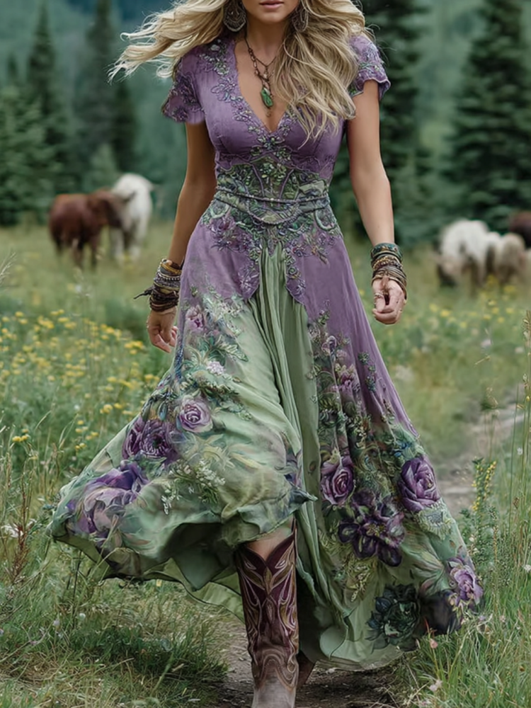 Romantic Gradient Floral Print Ethereal Silhouette Ultra Soft Weave Chiffon Maxi Dress
