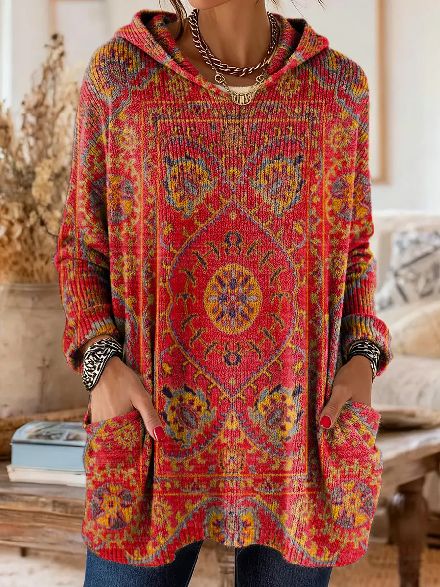Vintage-inspired hoodie tunic with pockets and ethnic print