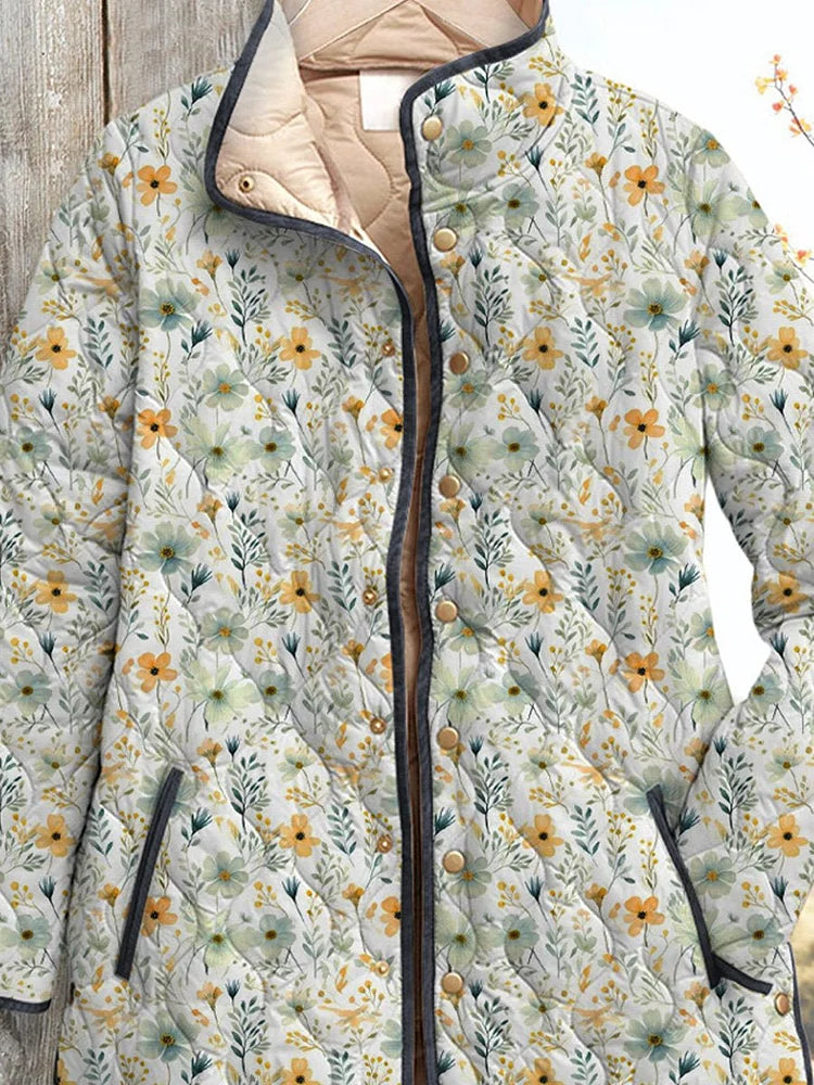 Beautiful floral pattern on a casual, padded jacket for women