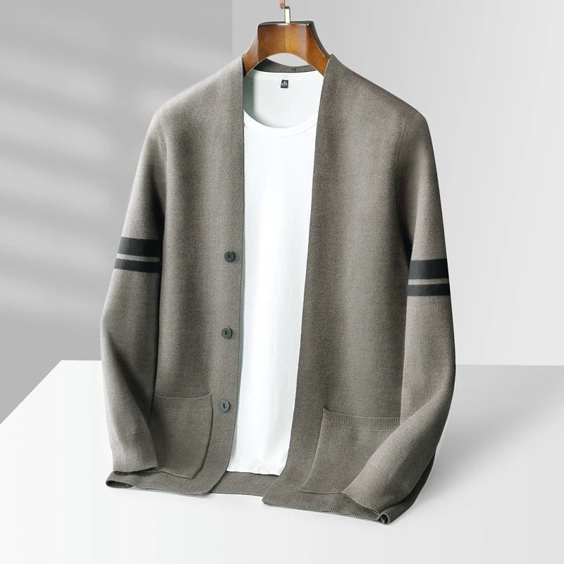 Classic Merino Men's Cardigan with Striped Sleeves