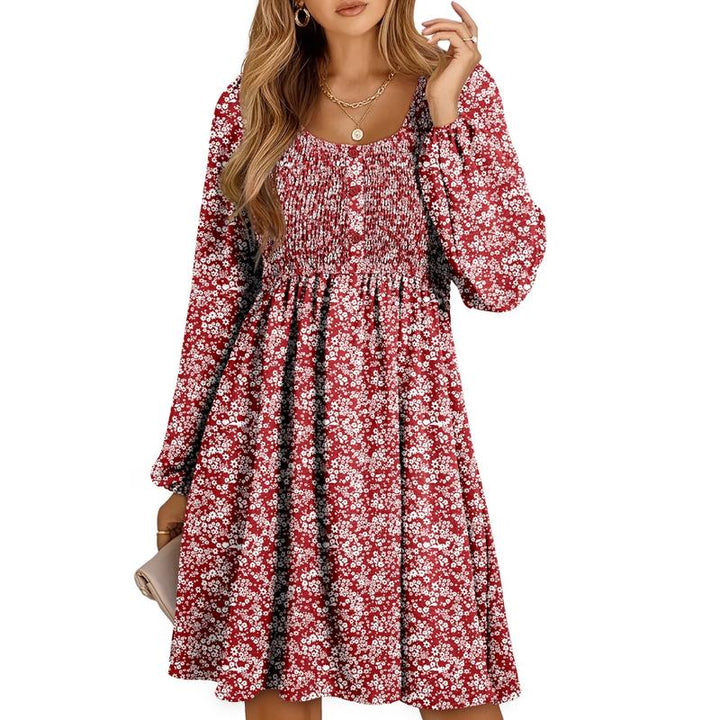 Autumn Smocked Empire Waist Long Sleeve Flowing Skirt Dress