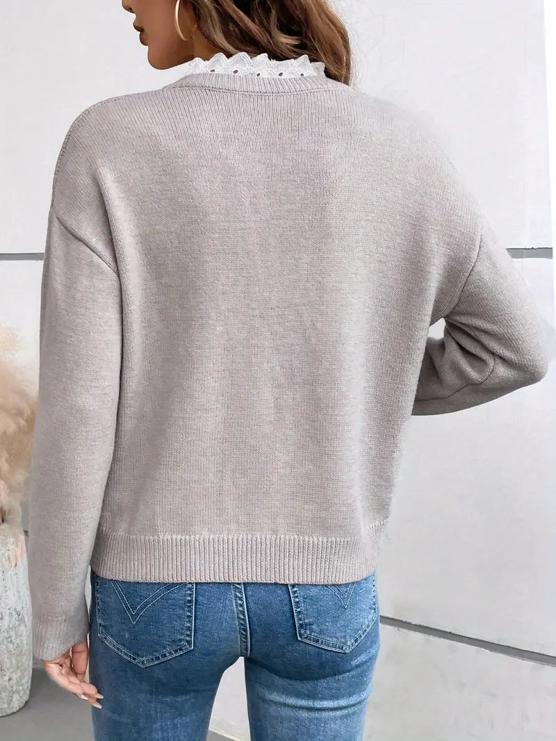 Women's Knitted Sweater with Ruffle V-Neck