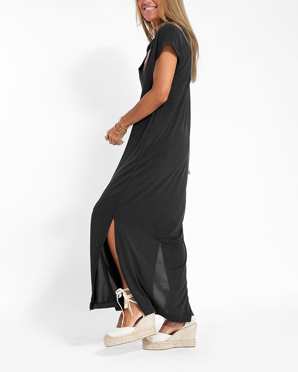 Couture-Inspired V-Neck Side-Slit Ultra-Soft Jersey Season-Long Coral Maxi Dress