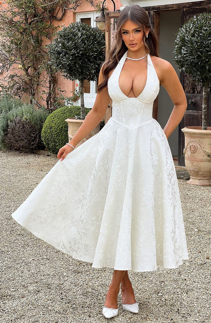 Timelessly Luxurious Embellished V- Neckline Embroidered Lace Detailing Wedding Guest Dress