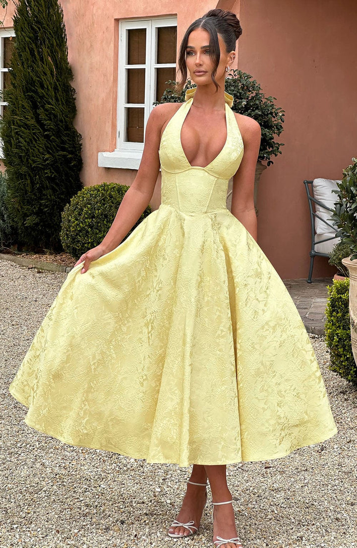 Timelessly Luxurious Embellished V- Neckline Embroidered Lace Detailing Wedding Guest Dress