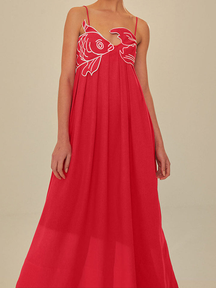 Effortlessly Elevated Embroidered Spaghetti Strap Silk Maxi Dress Flowing Silhouette