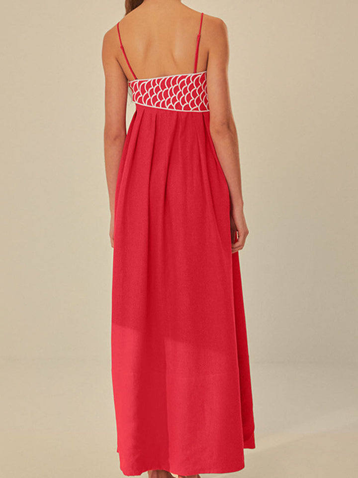 Effortlessly Elevated Embroidered Spaghetti Strap Silk Maxi Dress Flowing Silhouette