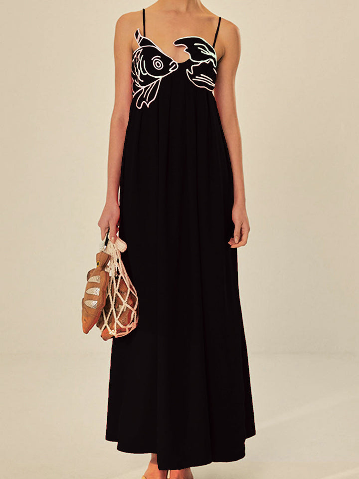 Effortlessly Elevated Embroidered Spaghetti Strap Silk Maxi Dress Flowing Silhouette