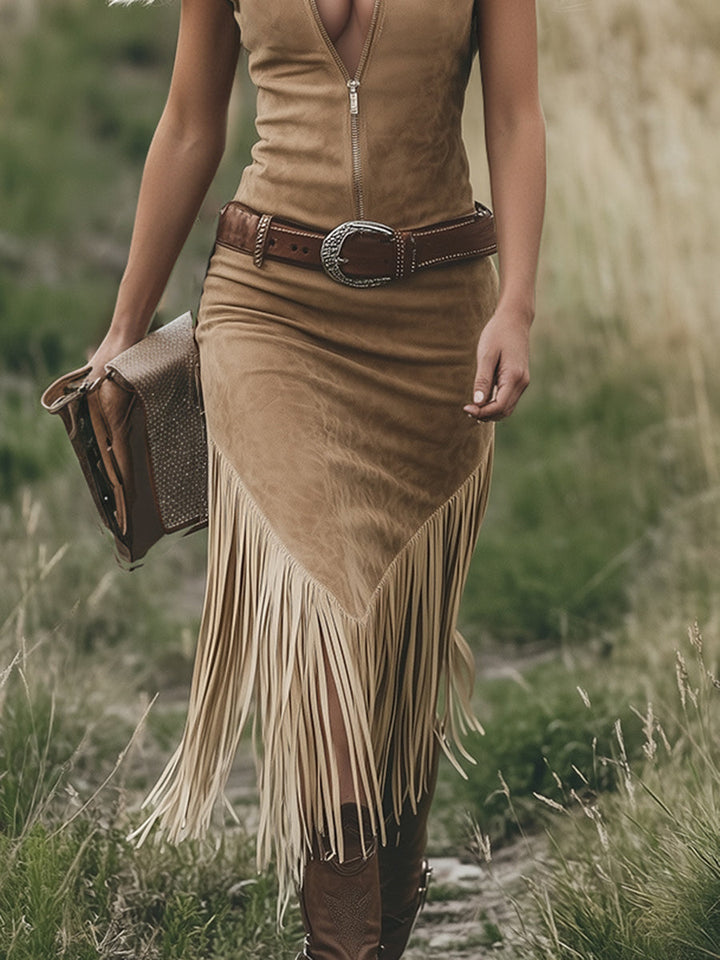 Luxurious Sleeveless Deep Chestnut Suede Tassel Belt Midi Dress