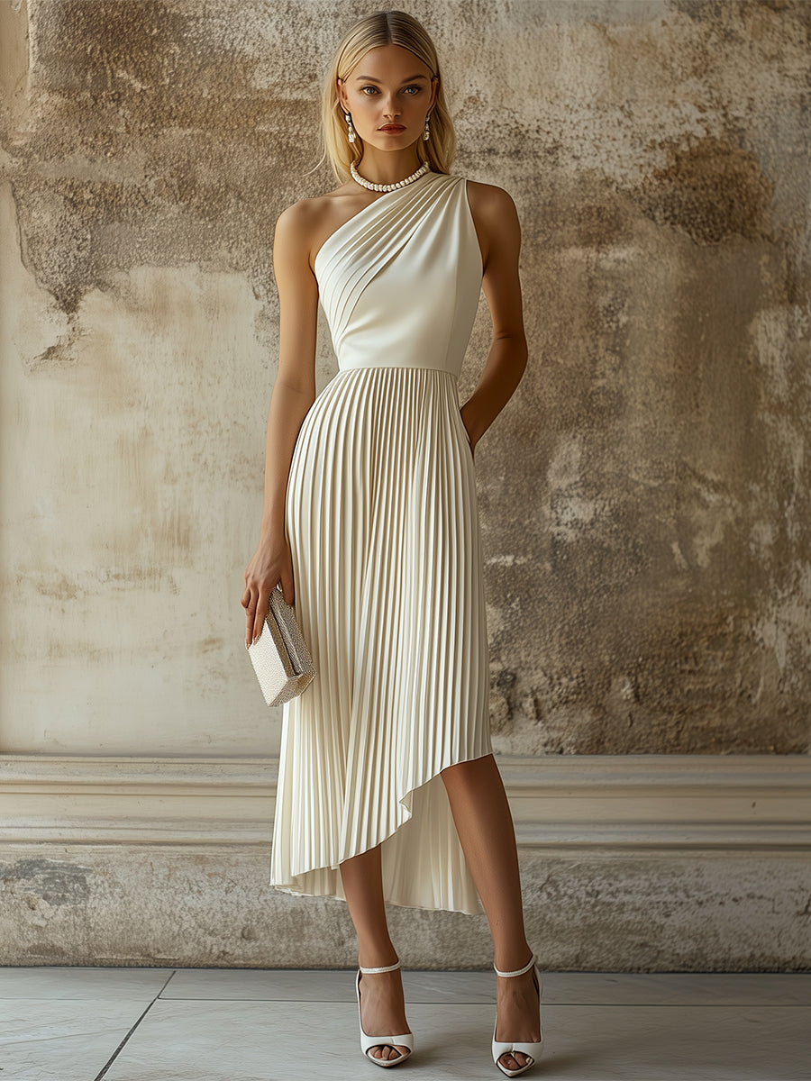 Luxurious Pleated Bias Cut Cotton Blend Textured Sleeveless White Evening Midi Dress
