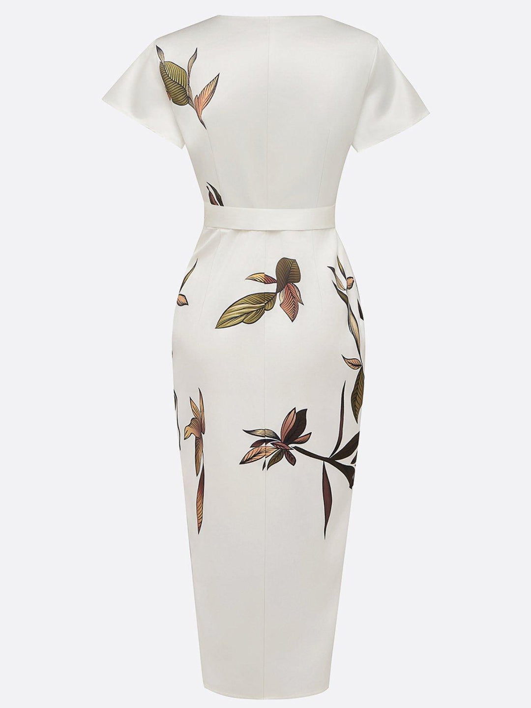 Luxuriously Elegant Flattering Wrap LeafPrinted SilkSateen Waist Defining Belt Dress