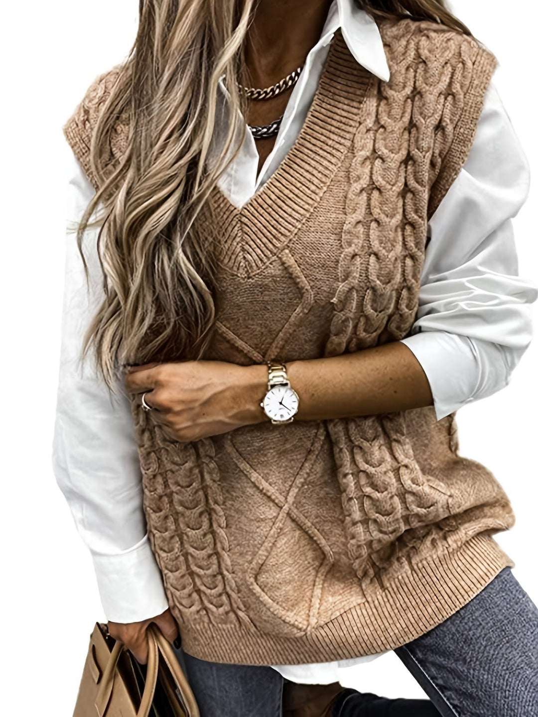 Cora | Cozy Cable Knit V-Neck Sweater Vest