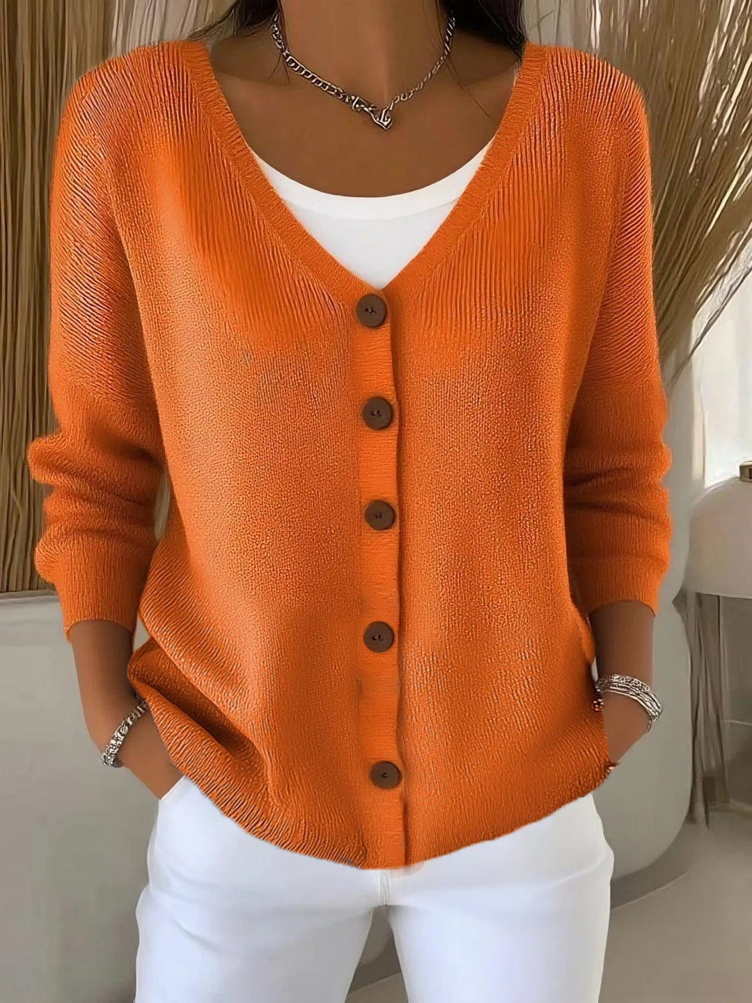 Olivia - Long Sleeve V-Neck Button Sweater