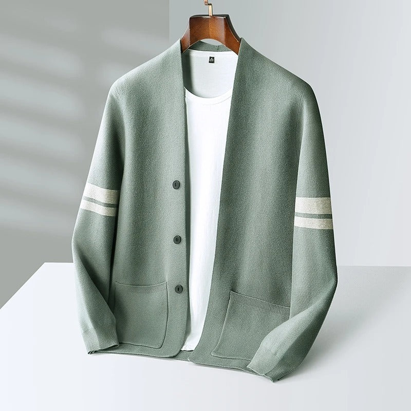 Classic Merino Men's Cardigan with Striped Sleeves
