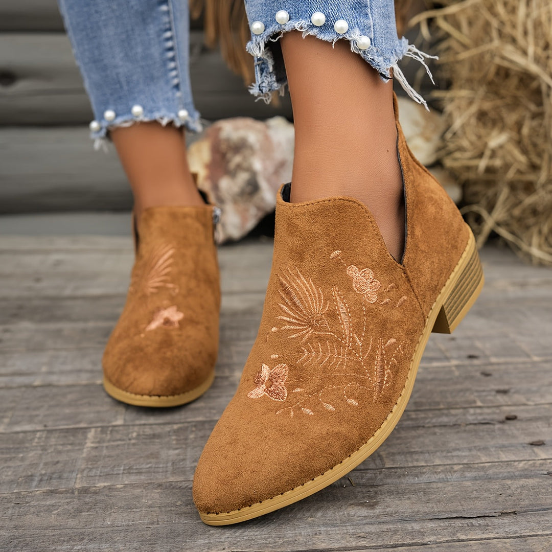 Isadora | Embroidered Low Heel Ankle Boots