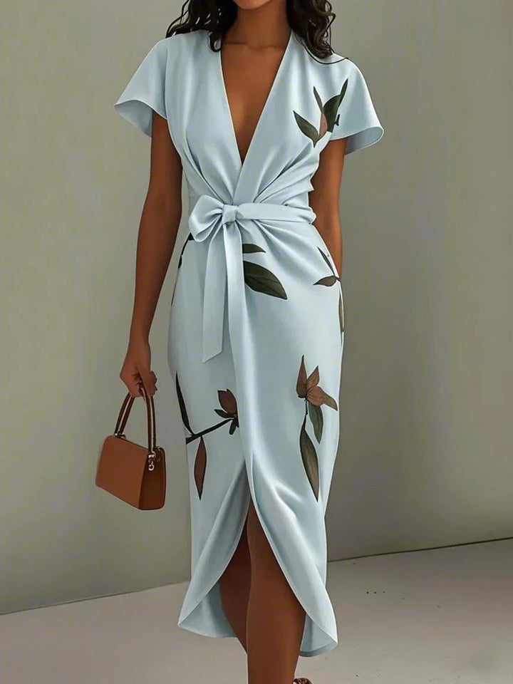 Luxuriously Elegant Flattering Wrap LeafPrinted SilkSateen Waist Defining Belt Dress