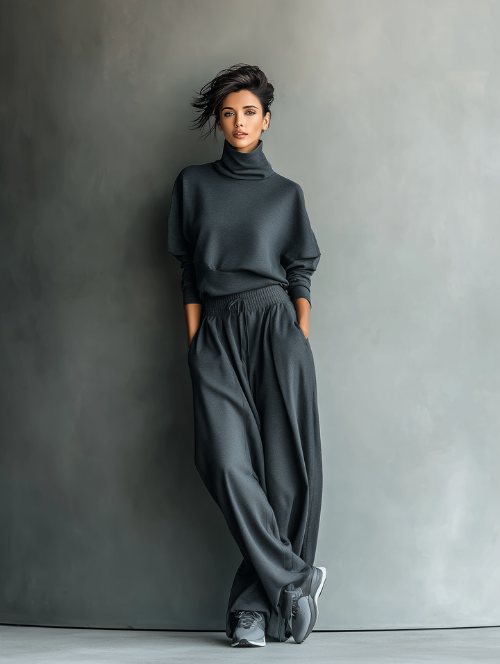 Luxurious Oversized Turtleneck Knitwear Fabric Charcoal Palazzo Wide-Leg Pants Set