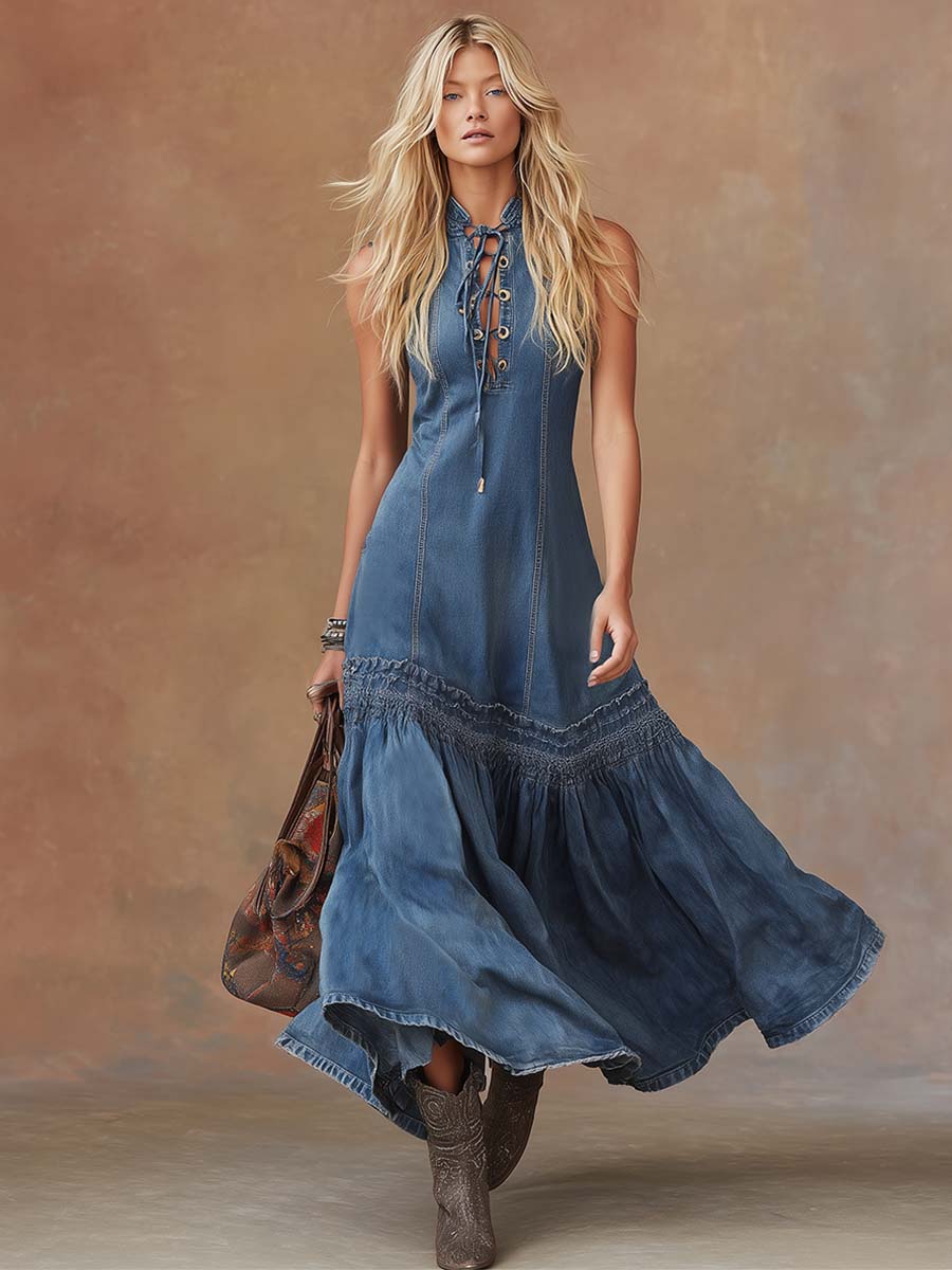 Elegant Timeless Vintage Western Tie-Neck Premium Denim Texture BubbleHem MaxiDress