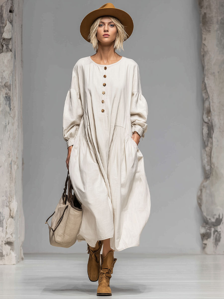 Women’s Cotton Midi Dress – Luxurious Button Front with Spacious Pockets All-Day Comfort Dress
