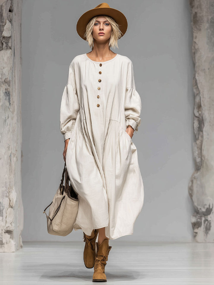 Women’s Cotton Midi Dress – Luxurious Button Front with Spacious Pockets All-Day Comfort Dress