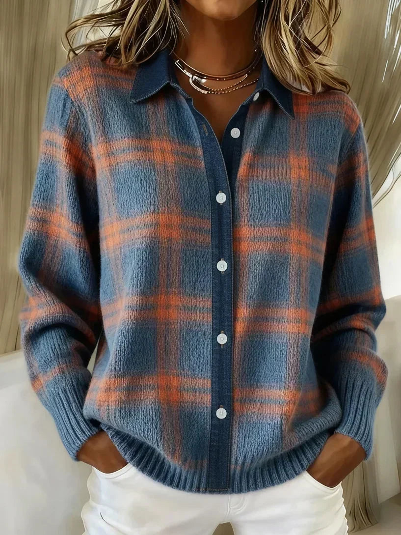 Women's Relaxed Checkered Button Sweater