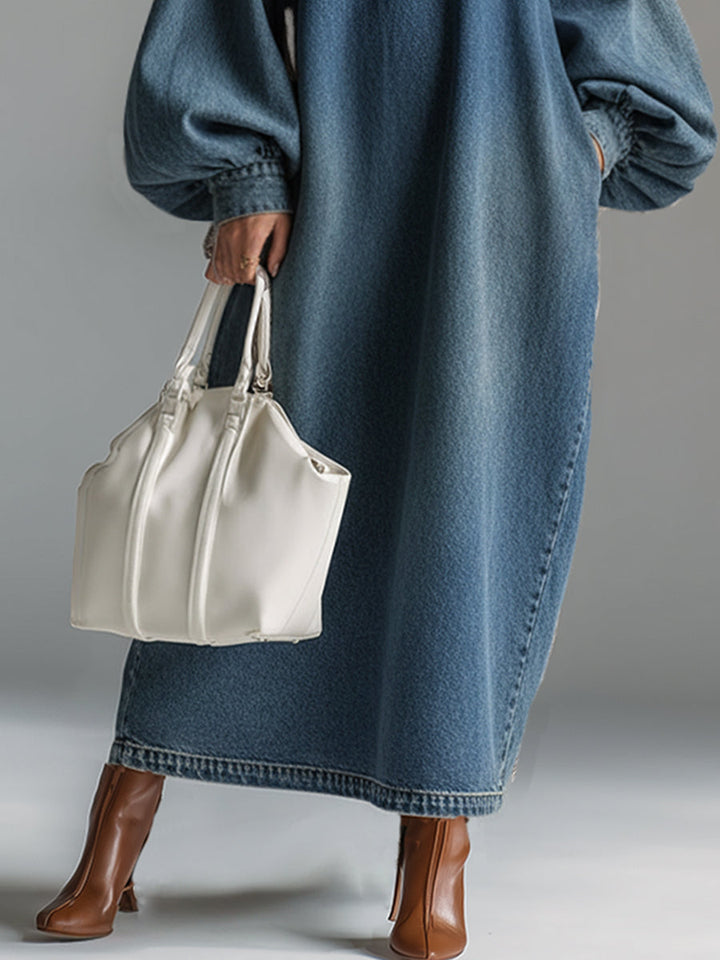 For Women Elegant Urban Blue Denim Half-Button Wide Sleeve Relaxed Fit Maxi Dress