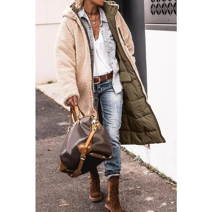 Stylish Long Down Jacket for Women with Sherpa Lining