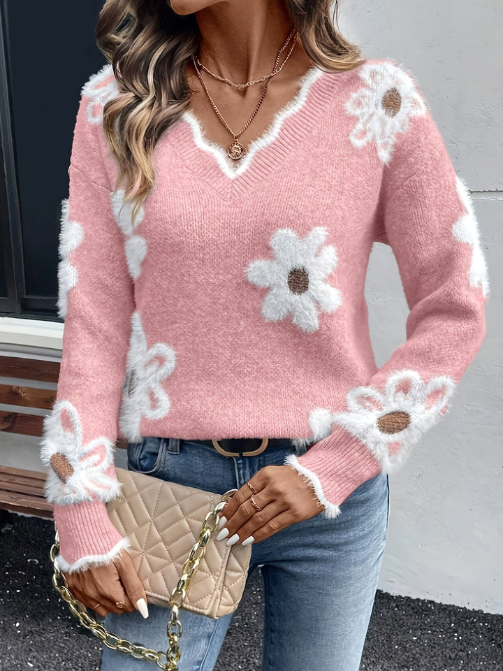 Lory - Elegant V-Neck Floral Sweater