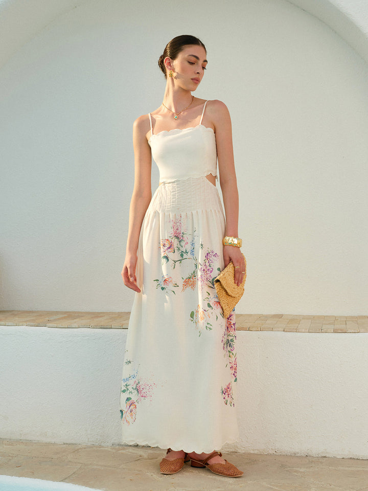 Romantic Cutout Waist Floral Print Scalloped Hem Sundress