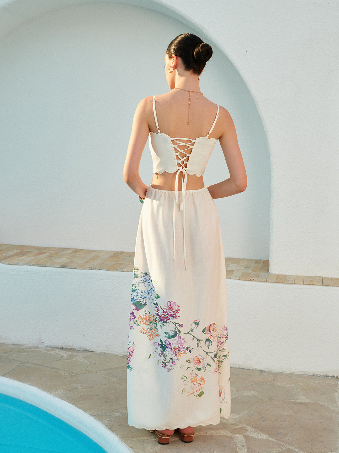 Romantic Cutout Waist Floral Print Scalloped Hem Sundress