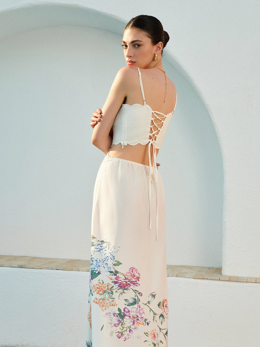 Romantic Cutout Waist Floral Print Scalloped Hem Sundress