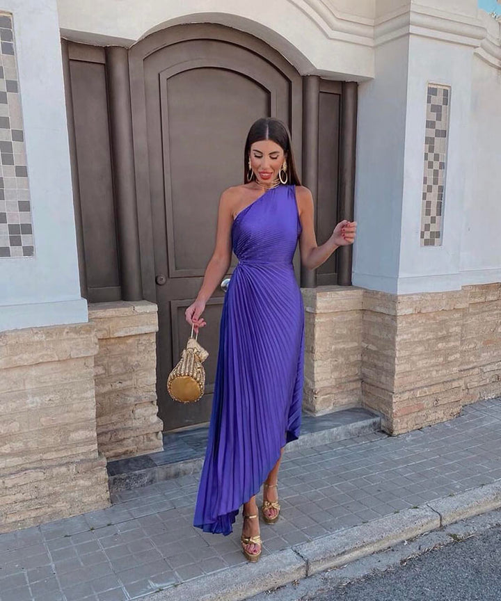 Elegant Flattering One-Shoulder Asymmetric Flowing Chiffon Midi Wedding Guest Dress