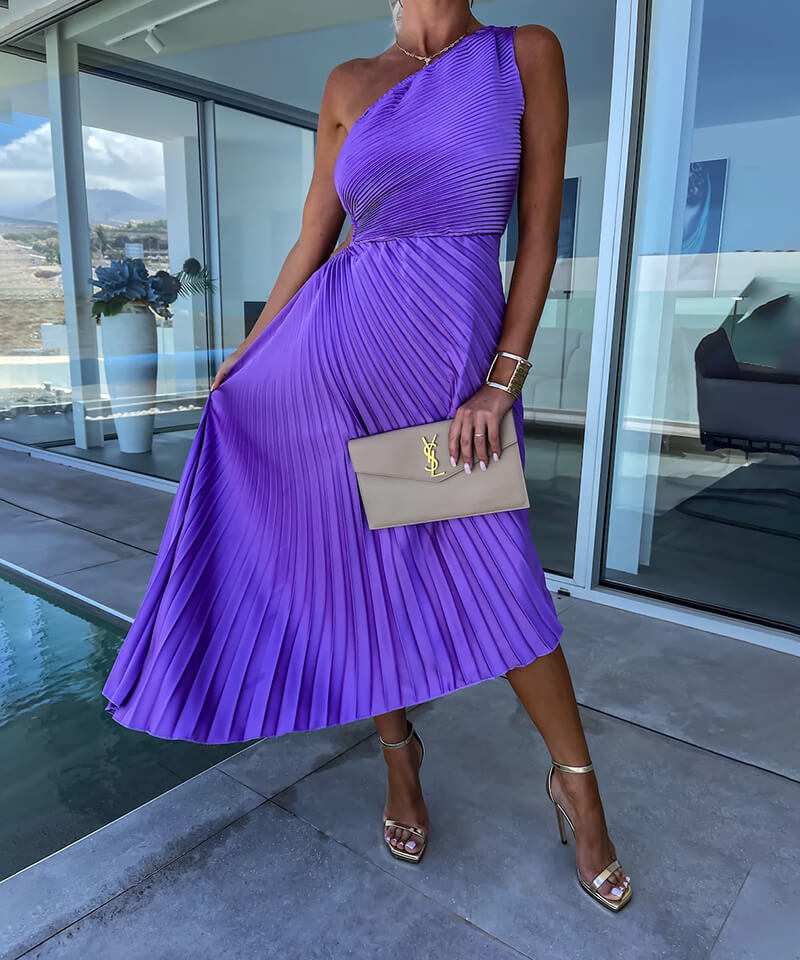 Elegant Flattering One-Shoulder Asymmetric Flowing Chiffon Midi Wedding Guest Dress