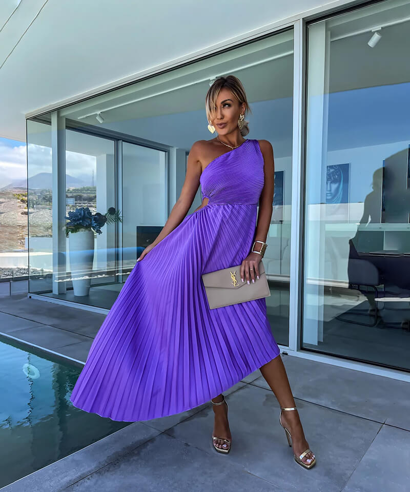Elegant Flattering One-Shoulder Asymmetric Flowing Chiffon Midi Wedding Guest Dress