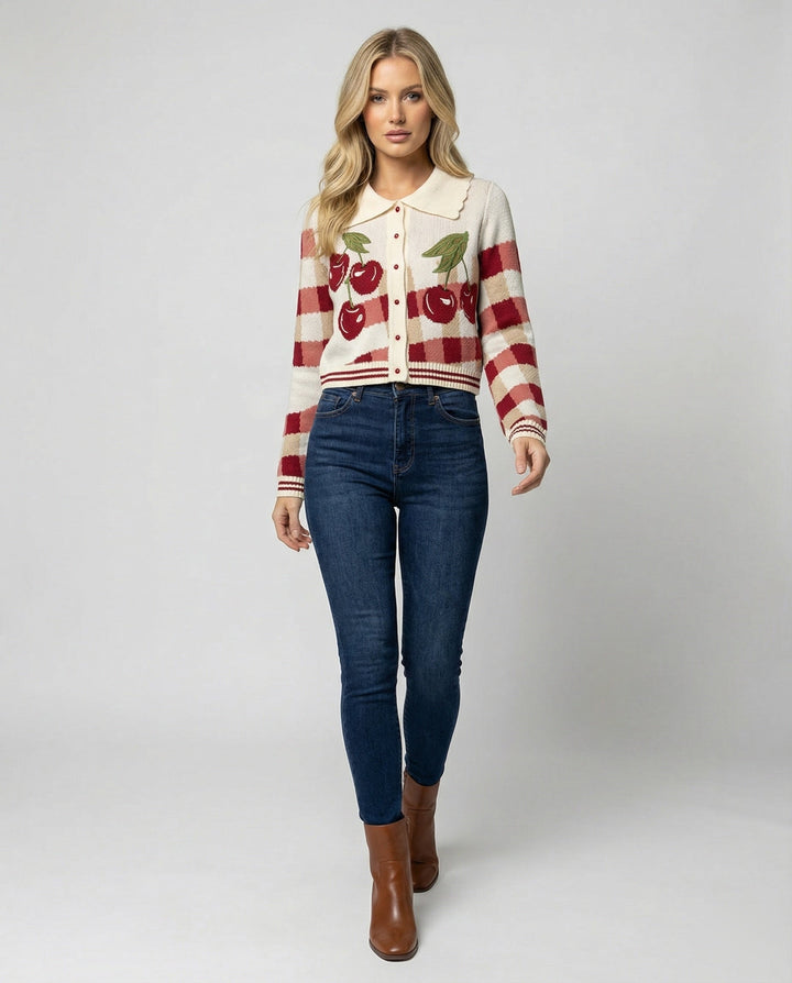 Ladies Short Knitted Cardigan with Cherry Blossom Floral Pattern