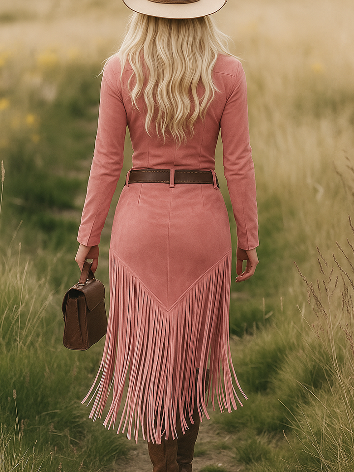 Luxurious Suede Western Lapel Zipper Tassel Belt Midi Dress