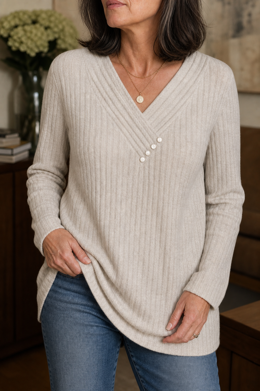 Marlowe & Rib – Ribbed V-Neck Sweater with Buttons