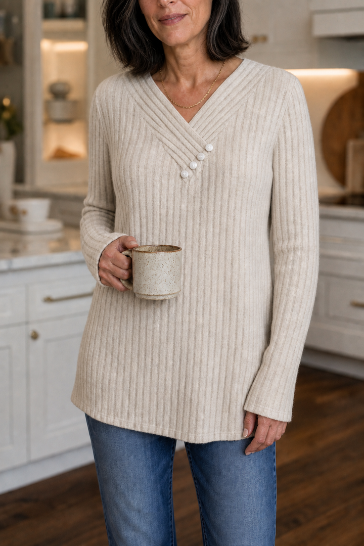 Marlowe & Rib – Ribbed V-Neck Sweater with Buttons